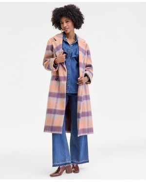On 34th Brushed Plaid Double-breasted Coat - White