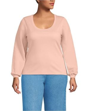 Lands' End Plus Size Supima Interlock Scoop Neck Blouson Sleeve Top - Blue