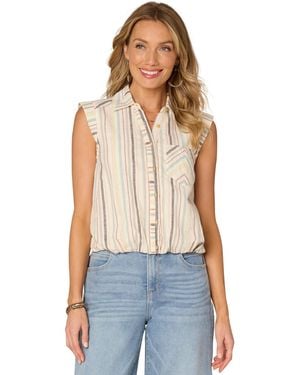 Democracy Petite Stripe Bubble-hem Button-front Top - Blue