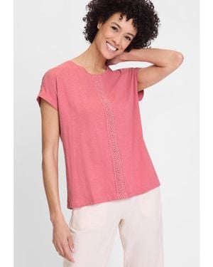 Olsen Embroidered Trim Cotton Linen Tee - Pink