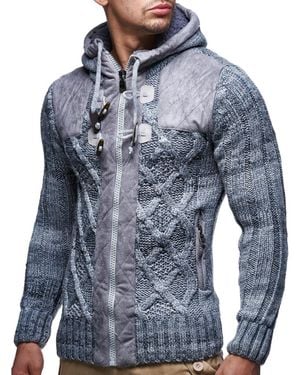 Leif Nelson Knit Zip-up Jacket With Geometric Patterns And Leather Accents - Blue