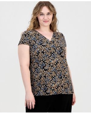 Anne Klein Essentials Plus Size Printed V-neck Short-sleeve Top - Black