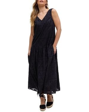 Raffya Squire All Over Cut Work Drop Waist Midi Dress - Black
