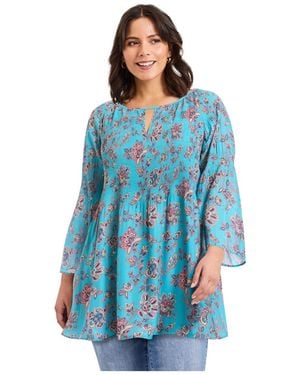 Avenue Plus Size Keyhole Bell Sleeve Tunic - Blue