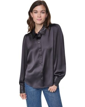 DKNY Puff-sleeve Sequin-trim Henley Blouse - Gray