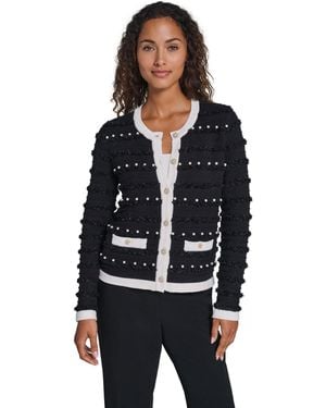 KARL LAGERFELD Embellished Crewneck Cardigan Sweater - Black