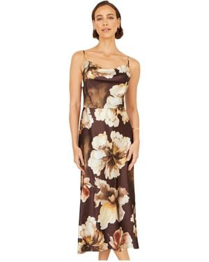 Yumi' Cowl Neck Satin Floral Dress - Metallic
