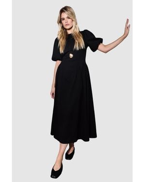 Warehouse Seersucker Puff Sleeve Midi Dress - Blue