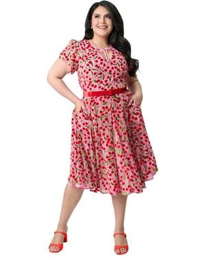 Unique Vintage Plus Size Short Petal Sleeve Tie Neck Dahlia Swing Dress - Red