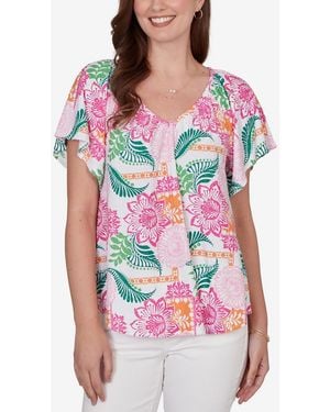 Ruby Rd. Petite Tropical Floral Eyelet Flutter Sleeve T-shirt - Red