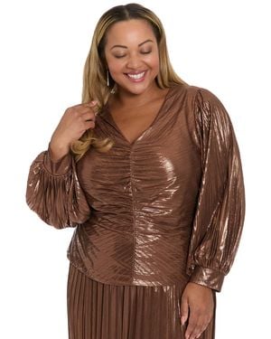 Muse Plus Size Radiating Pleats Long Sleeve Top - Brown