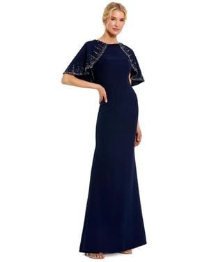 Mac Duggal Crepe High Neck Fitted Gown With Beaded Shawl - Blue
