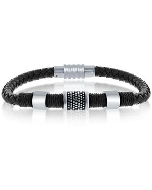 Metallo Stainless Steel Oxidized Genuine Leather Bracelet - Black