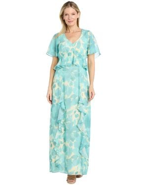 R & M Richards V-neck Printed Sleeve Dress - Blue