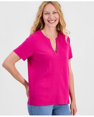 Style & Co. Cotton Short-sleeve Split-neck Top - Pink