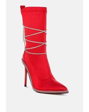LONDON RAG Dacia Rhinestones Strap Satin Calf Boots - Red
