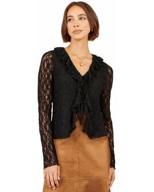 Yumi' Ruffled Lace Tie Neck Top - Black