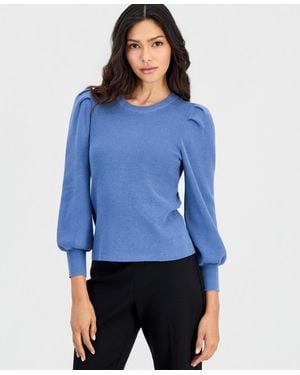 Anne Klein Essentials Petite Puff-sleeve Crewneck Sweater - Blue