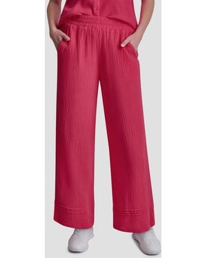 DKNY Petite Smocked Encased Elastic Waistband Ankle Length Pants - Red