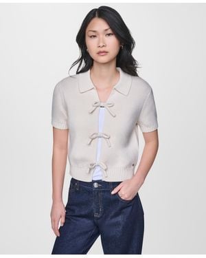 DKNY Short-sleeve Polo Collar Tie Front Sweater - White