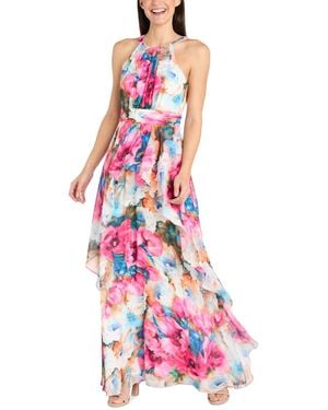 R & M Richards Petite Floral Halter Ruched-waist Gown - Pink