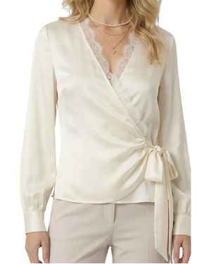 Modenaire Lace-trim V-neck Wrap Tie-detail Top - Natural