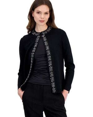 Anne Klein Petite Embellished Crewneck Open-front Cardigan - Black