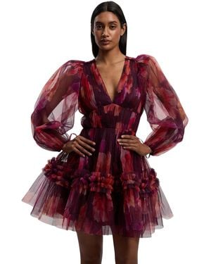 Karen Millen Tulle Balloon Sleeve Mini Dress - Red