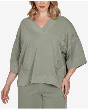 Ruby Rd. Plus Size Tropical Embroidered French Terry Knit Top - Gray