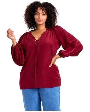 Avenue Plus Size Scallop Trim Peasant Blouse - Red