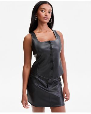 BarIII Faux-leather Scoop-neck Button-front Vest - Black