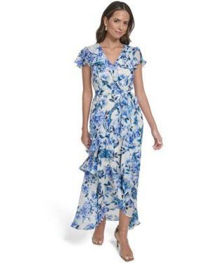 Eliza J Asymmetrical Ruffle V Neck Maxi Dress - Blue