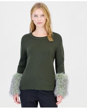 Tahari Long-sleeve Crewneck Faux-fur Trim Pullover - Green