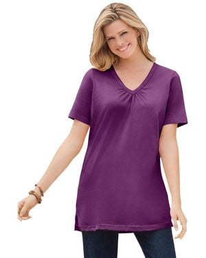 Woman Within Plus Size Within Perfect Short-sleeve Shirred V-neck Tunic - Purple