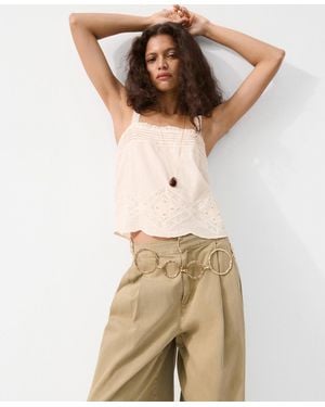 Mango Embroidered Details Cotton Top - Natural