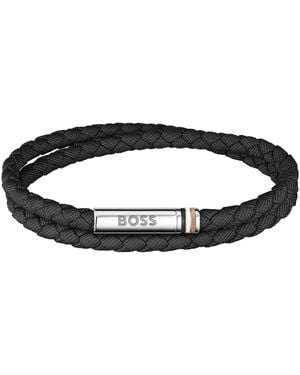 BOSS Men Ares Summer Stainless Steel Nylon Cord Bracelet - Black