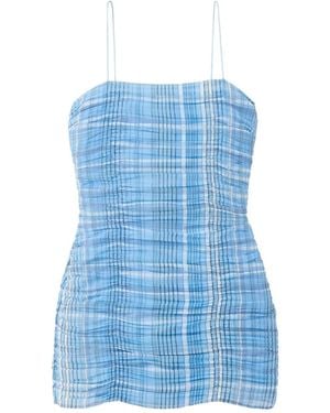 Mango Plaid Ruched Strapless Mini Dress - Blue