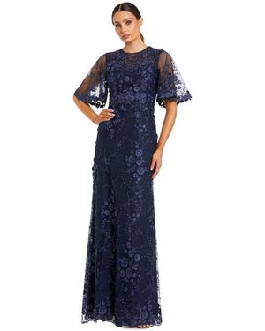 Mac Duggal Petite Flutter Sleeve Floral Embroidered Net Gown - Blue