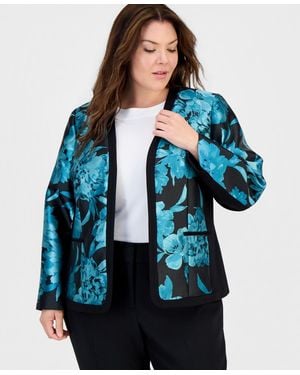 Kasper Plus Size Open-front Floral Collarless Cardigan - Blue