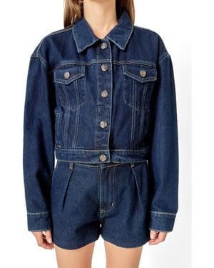 English Factory Drop Shoulder Cropped Denim Jacket - Blue
