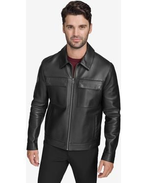 Cole Haan Bonded Leather Trucker Jacket - Black