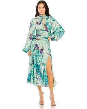 Mac Duggal Keyhole Satin Long Sleeve Floral Gown - Blue