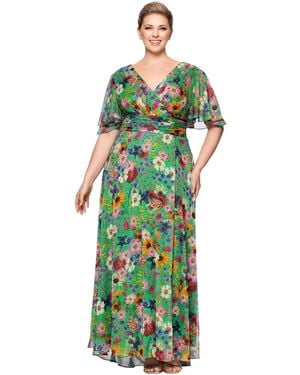 Betsy & Adam Plus Size Floral-print Flutter-sleeve A-line Dress - Green
