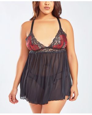 iCollection Plus Size Soft Cup Lace Mesh Babydoll Lingerie Set - Purple