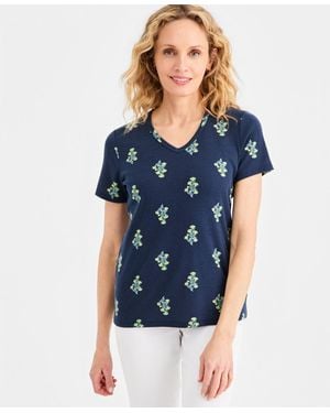 Style & Co. Petite Cotton-blend V-neck Floral T-shirt - Blue