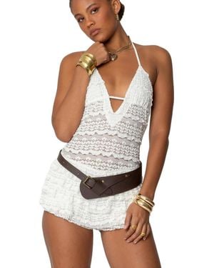 Edikted Lanney Ruffled Sheer Lace Romper - White