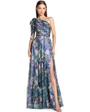 Mac Duggal Petite One-shoulder Floral Printed Chiffon Cutout Gown - Blue