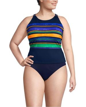 Lands' End Plus Size Tugless High Neck Strappy Back Tankini Swimsuit Top - Blue