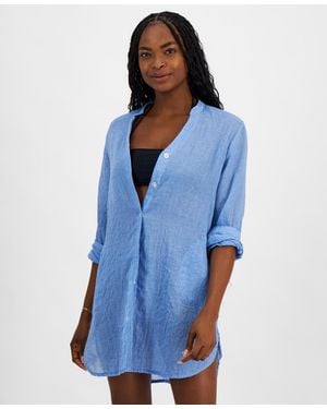J Valdi Big Shirt Button-front Long-sleeve Swim Cover-up - Blue