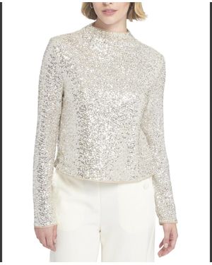 Elle Collection Sequin Knit Mock Neck Top Embellished - White